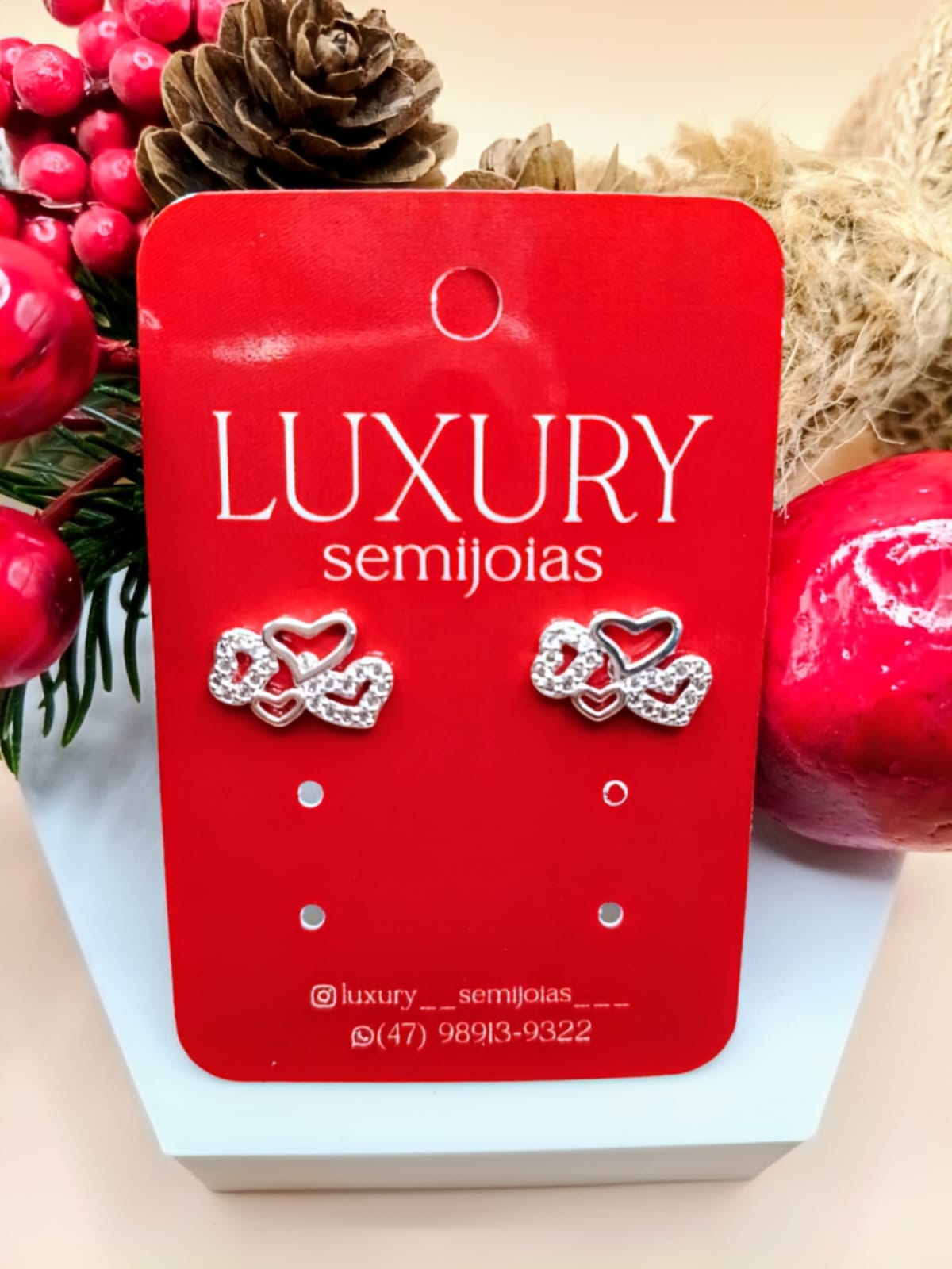 Brinco Corações Cravejado Zirconia